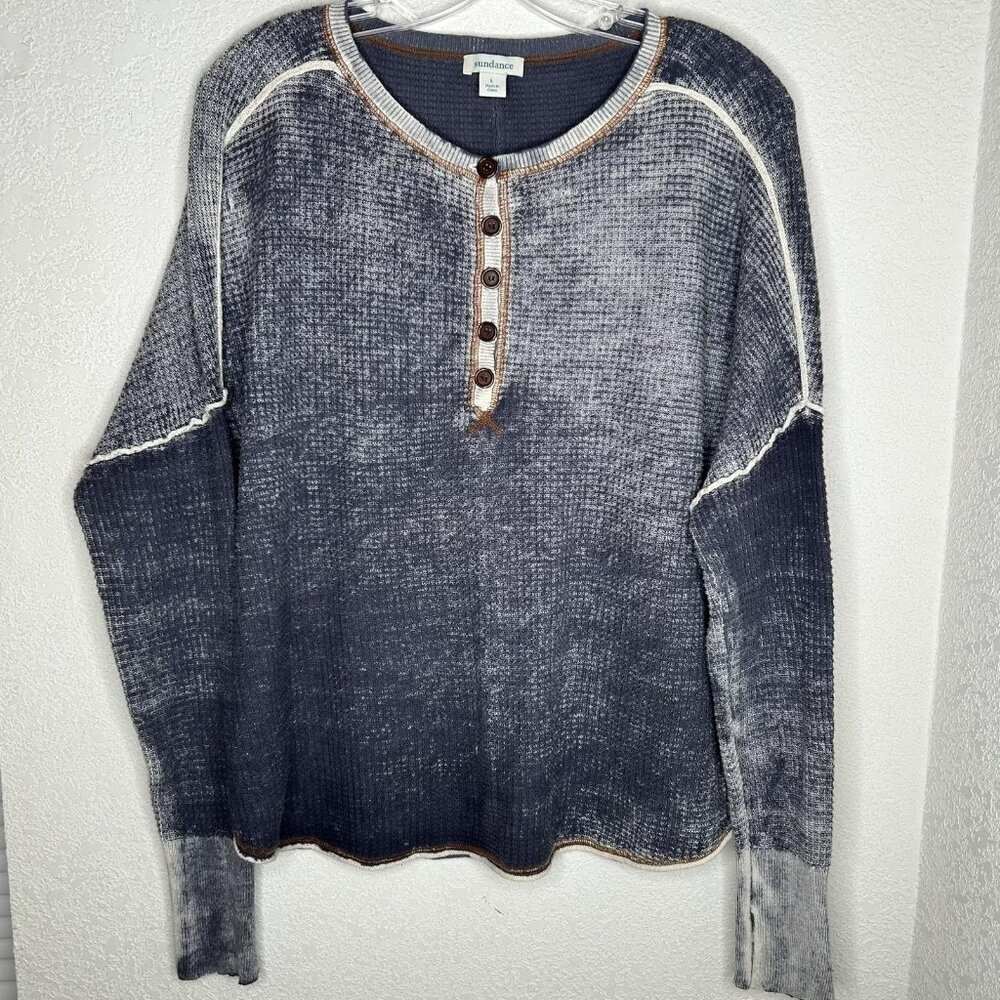 Sundance Sweater Womens Large Blue Waffle Knit Henley Long Sleeve Thermal Top